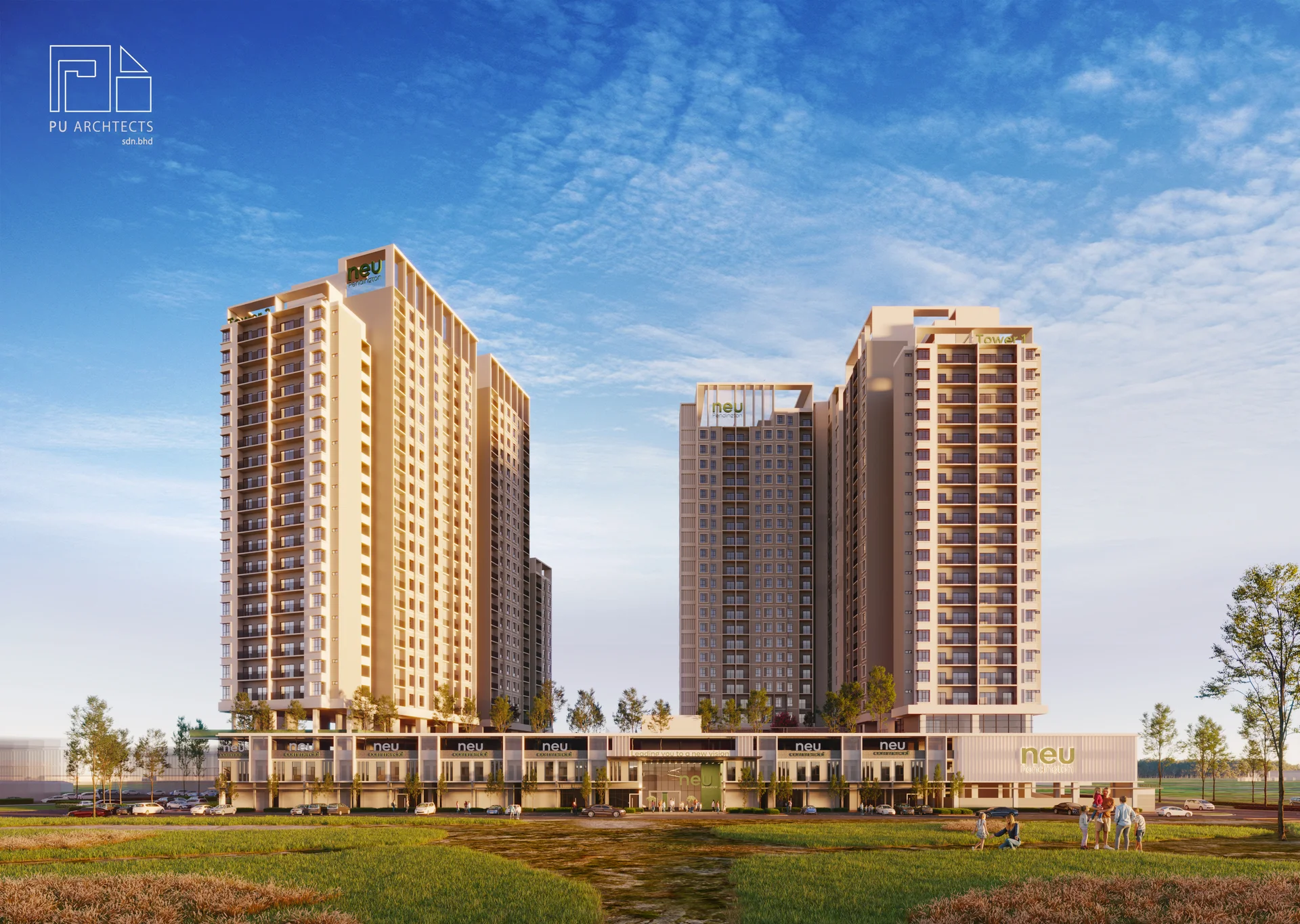 Exterior type: high-rise condominium; features: glass curtain wall, cream painted facade, recessed balconies, projecting balconies, manicured lawn, surrounded by greenery, multi-storey car park, double-volume main lobby; style: modern.